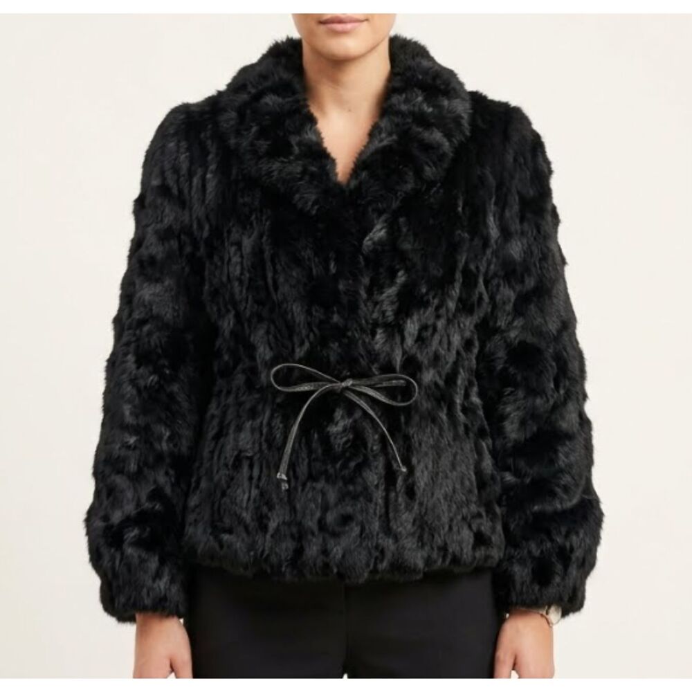 Vintage 80s Black Genuine Rabbit Fur Jacket Leather Tie Waist Coat Size M